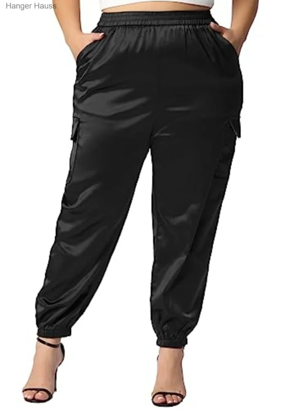 Plus Size Satin Joggers Elastic Waist Athleisure Cargo Pants with Pockets - Picture 2 of 5